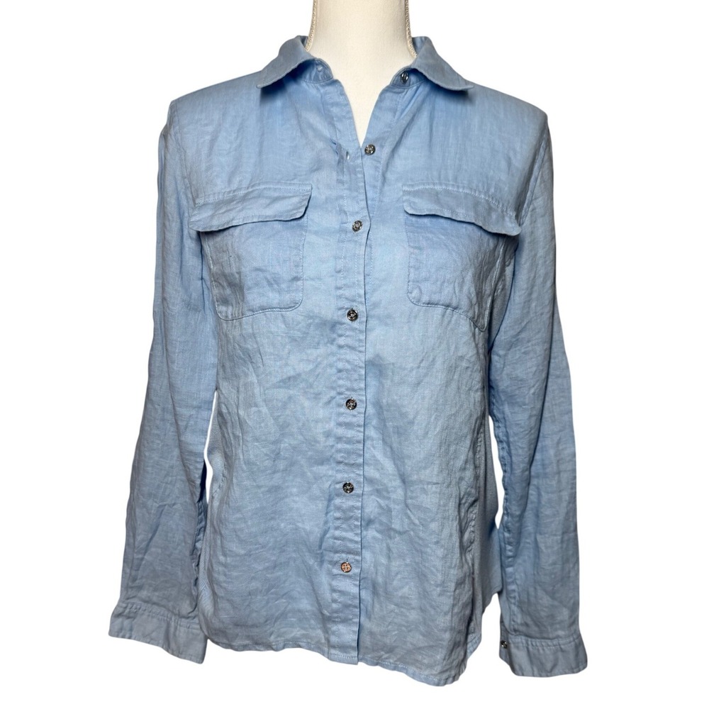 Calvin Klein Linen Button Down Shirt S Light Blue Excellent Ribbed Side Panels